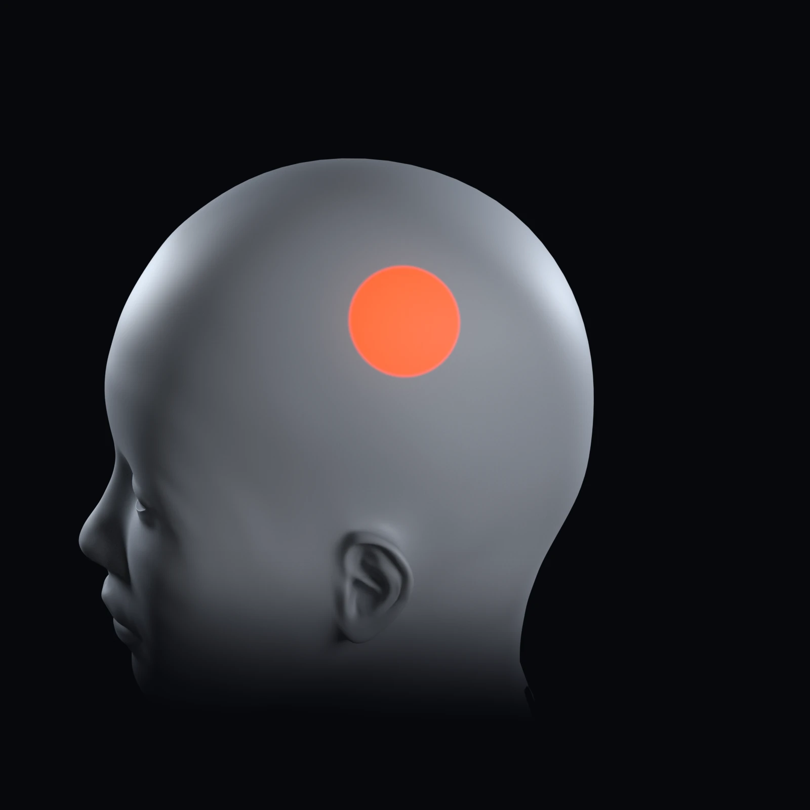 A head from its left side, with an orange area over C3, above the ear.