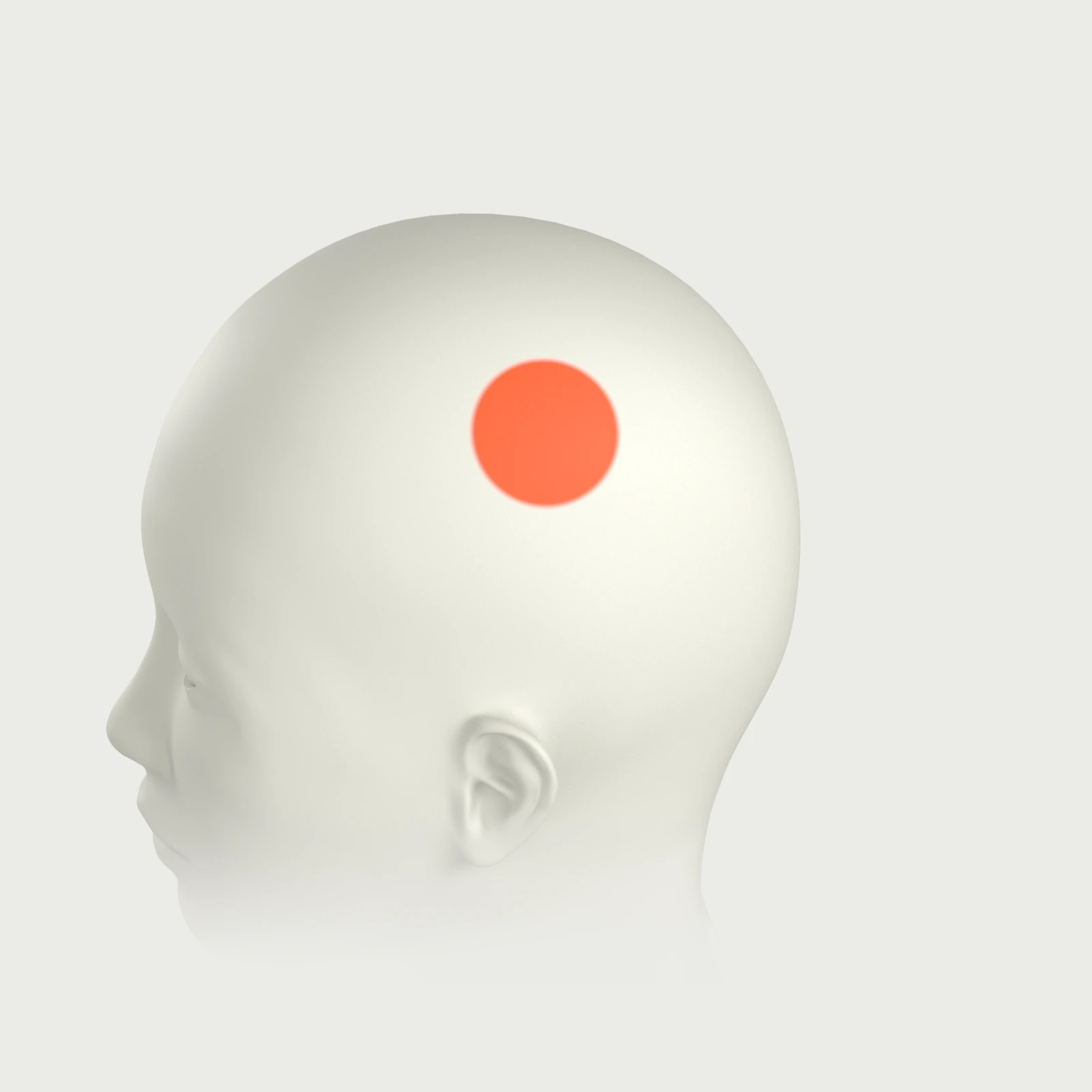 A head from its left side, with an orange area over C3, above the ear.