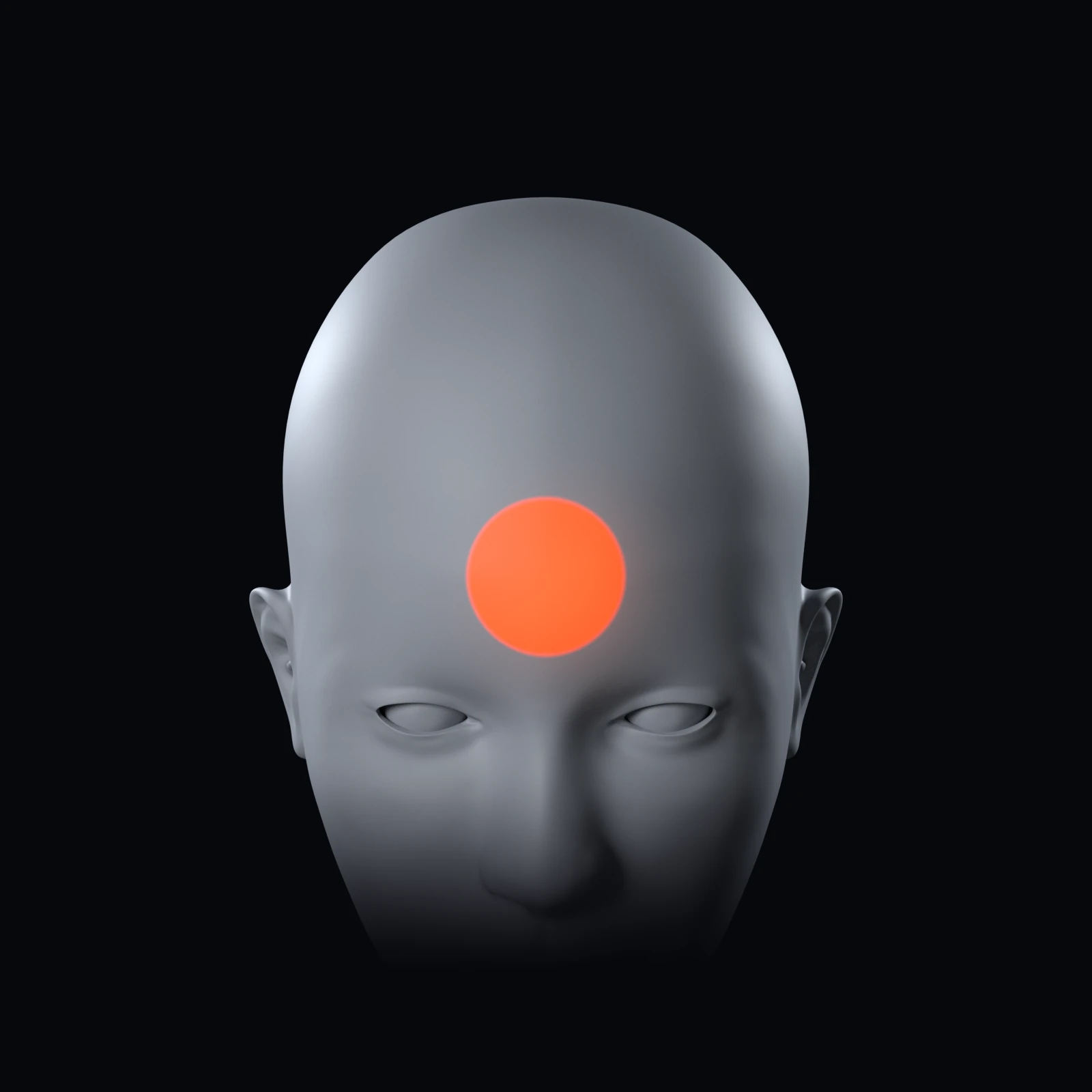 A head from the front, with an orange area over Fpz, on the forehead.