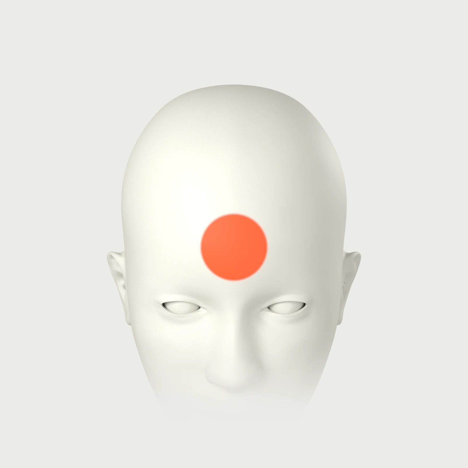 A head from the front, with an orange area over Fpz, on the forehead.